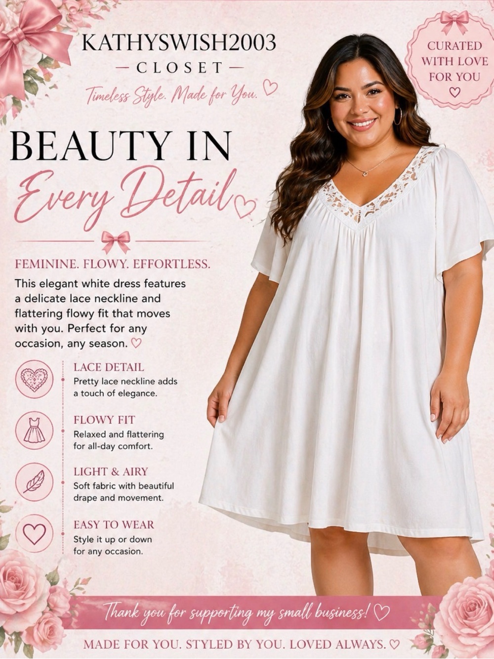 White Flowy Short Sleeved Dress with A Lace V Neckline Collar Women’s Plus 2X